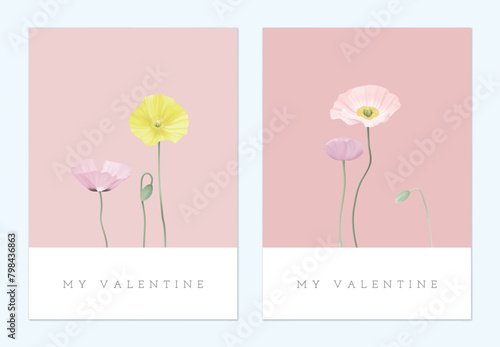 Valentine day greeting card, minimalist colorful poppy flowers