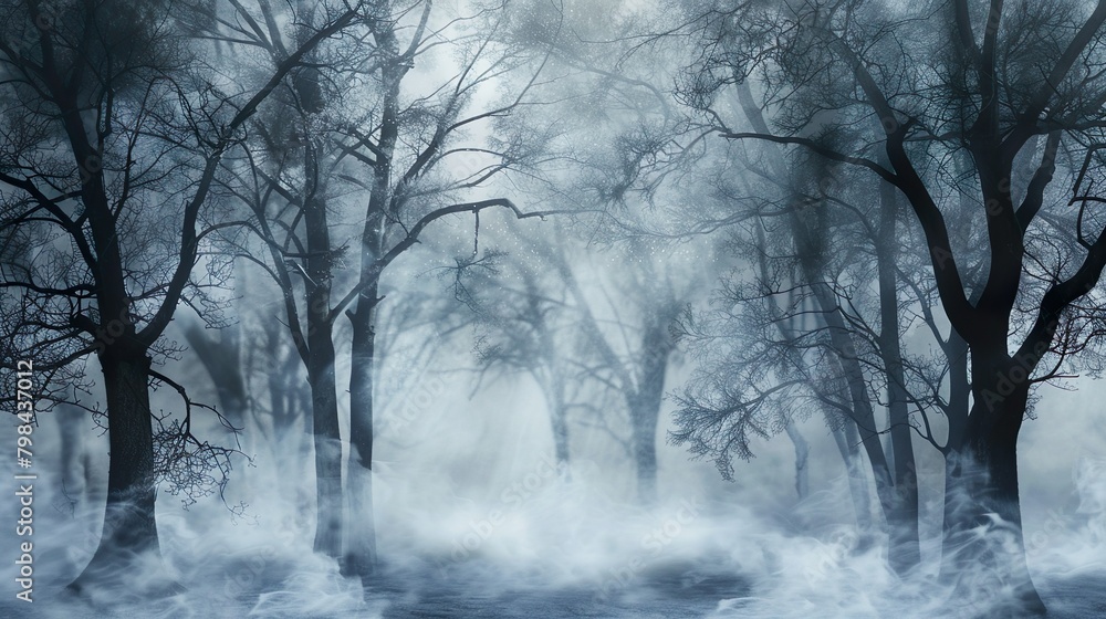 Obraz premium Fog-covered forest, featuring trees shrouded in mist and a sense of mystery and intrigue.