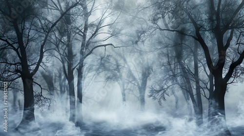 Fog-covered forest  featuring trees shrouded in mist and a sense of mystery and intrigue.