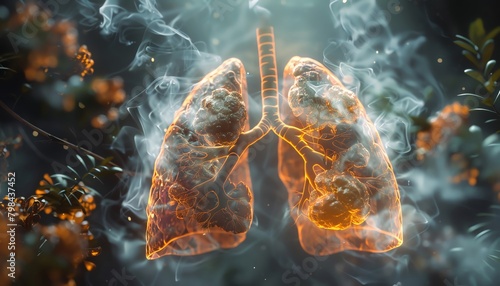 Capture the intricate details of a birds-eye view of smoking with a focus on the anatomy of lungs in an x-ray style, depicting the harmful effects of cigarettes through a digital glitch art technique,