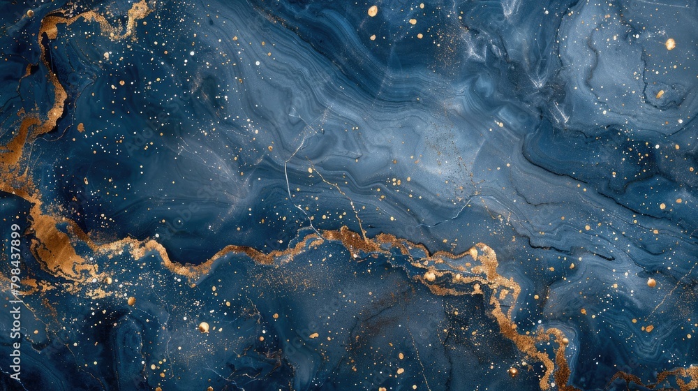 A blue and gold swirl patterned wall with gold specks A blue and gold swirl patterned wall with gold specks