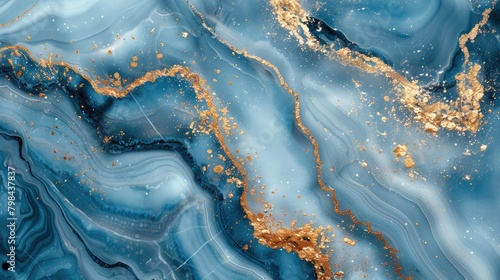 A blue and gold marble wall with a gold and blue swirl pattern