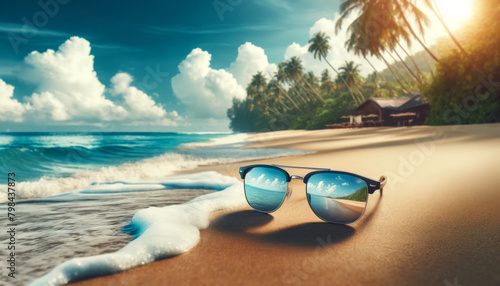 Sunglasses reflecting the serene tropical landscape with a beautiful sunset on a pristine beach.