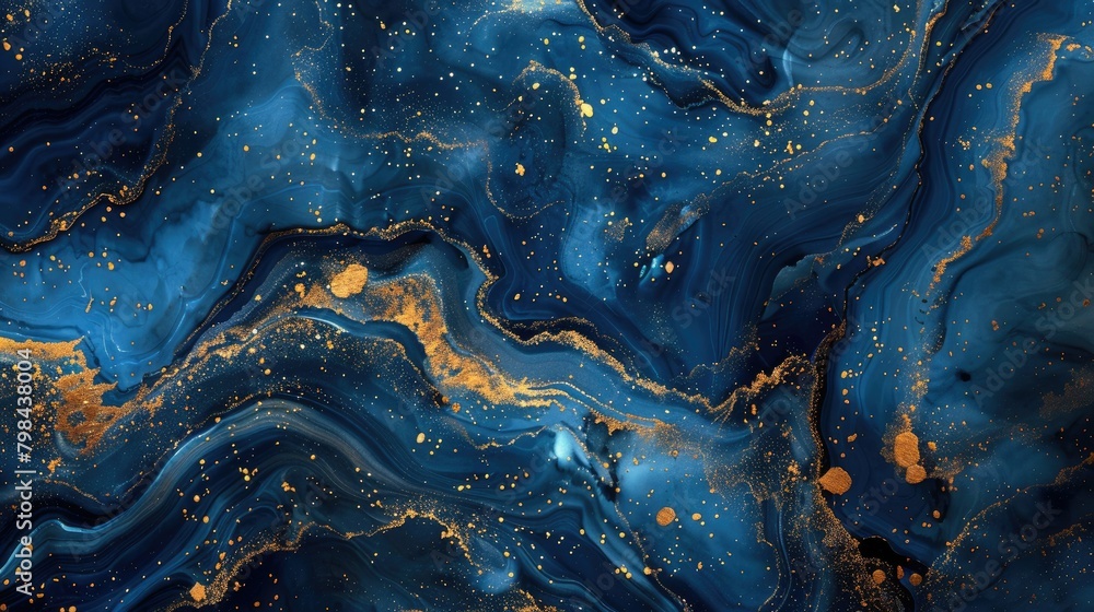 A blue and gold swirl pattern with gold specks A blue and gold swirl pattern with gold specks