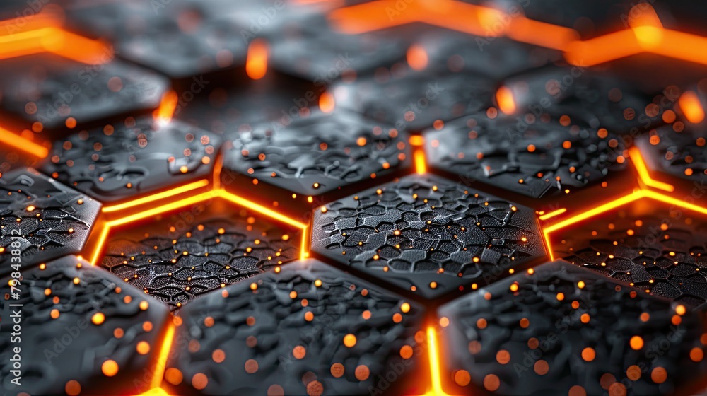 A close up of a black and orange hexagonal pattern A close up of a black and orange hexagonal pattern