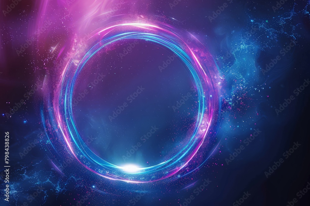 Colorful ring with luminous swirling spirals. Abstract blue neon ring. Light effect. The whirlwind of shiny particles. Flashes of light on the emerald-lilac circle. Empty space for text.