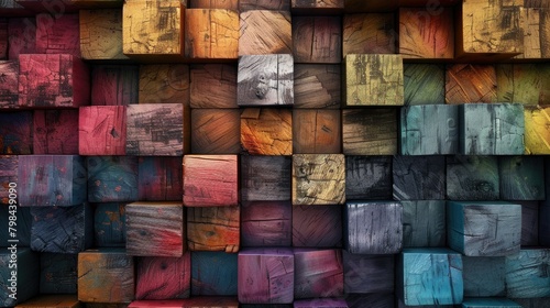 A colorful wall made of wooden blocks