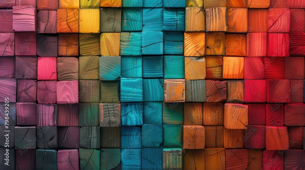 A colorful wall made of wooden blocks A colorful wall made of wooden blocks