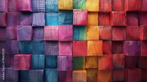 A colorful wall made of wooden blocks