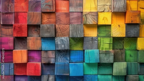 A colorful wall made of wood blocks