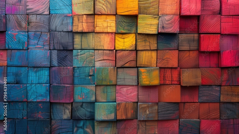 A colorful wall made of wood blocks A colorful wall made of wood blocks
