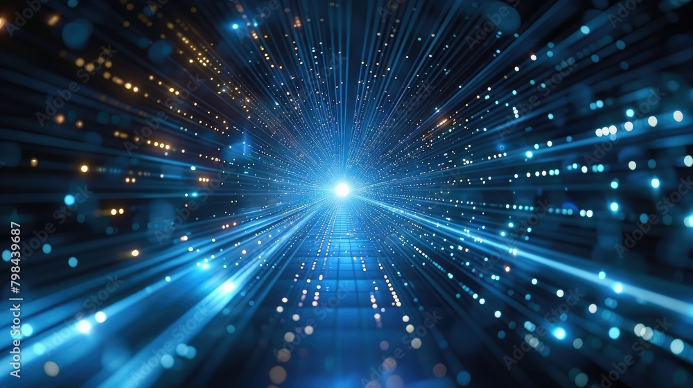 Fototapeta premium A blue and yellow lighted tunnel with a bright light at the end