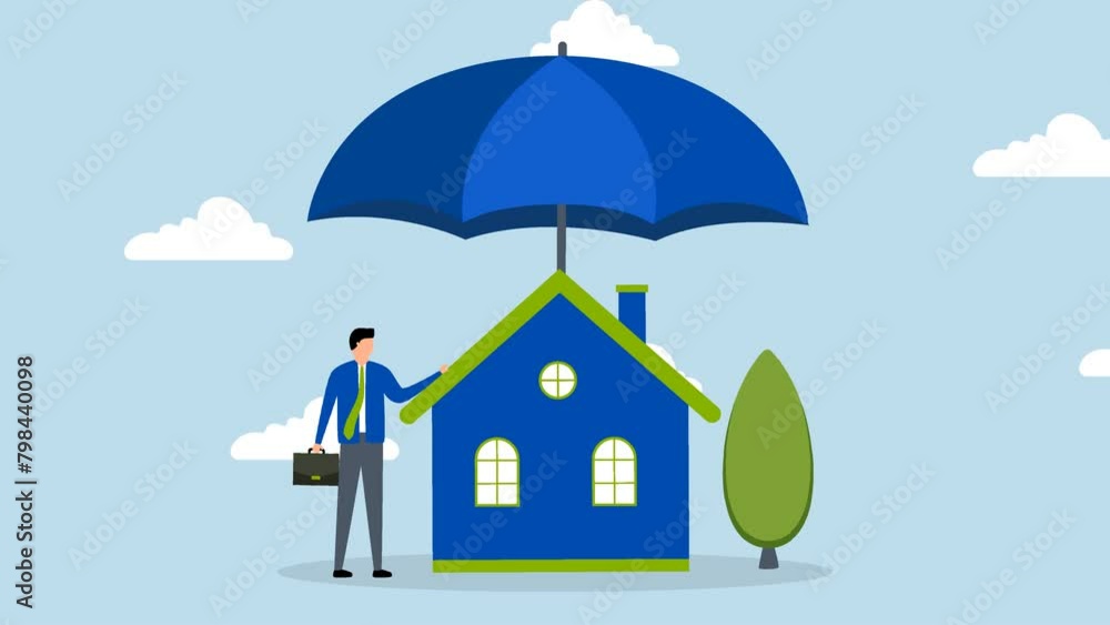 House insurance, animation of young home owner with his house under a strong protective umbrella. House insurance, animation of young home owner with his house under a strong protective umbrella.