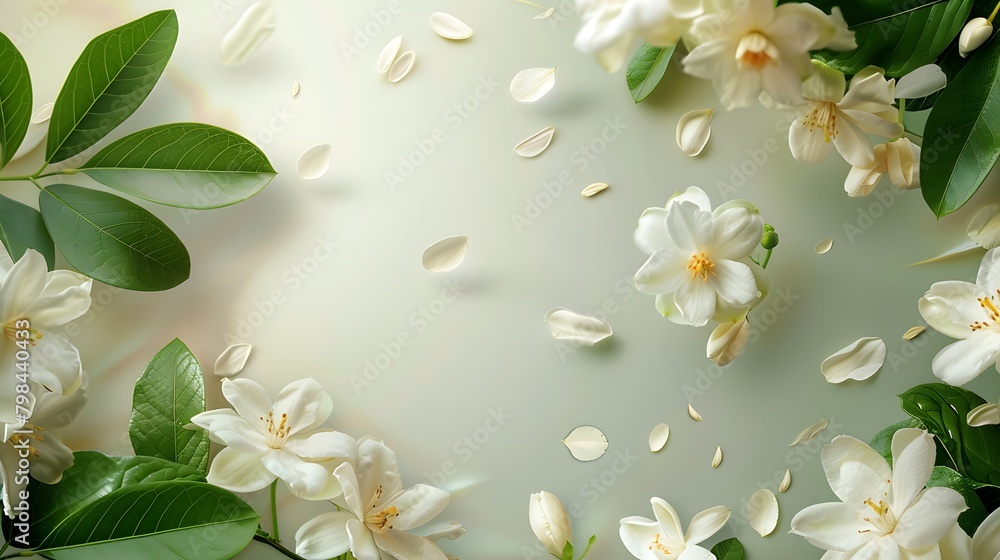 Fototapeta premium A bottle of yellow essence surrounded by white jasmine flowers, with leaves and petals floating in the background. For e-commerce product display