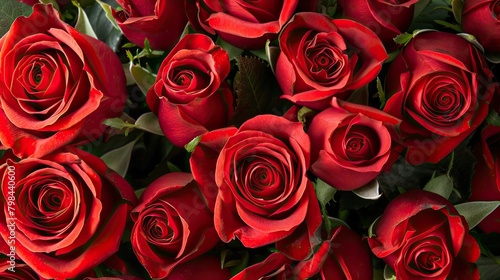 A close up view of a vibrant bouquet of red roses