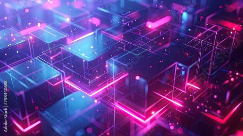 A computer generated image of a cityscape with a blue and pink color scheme