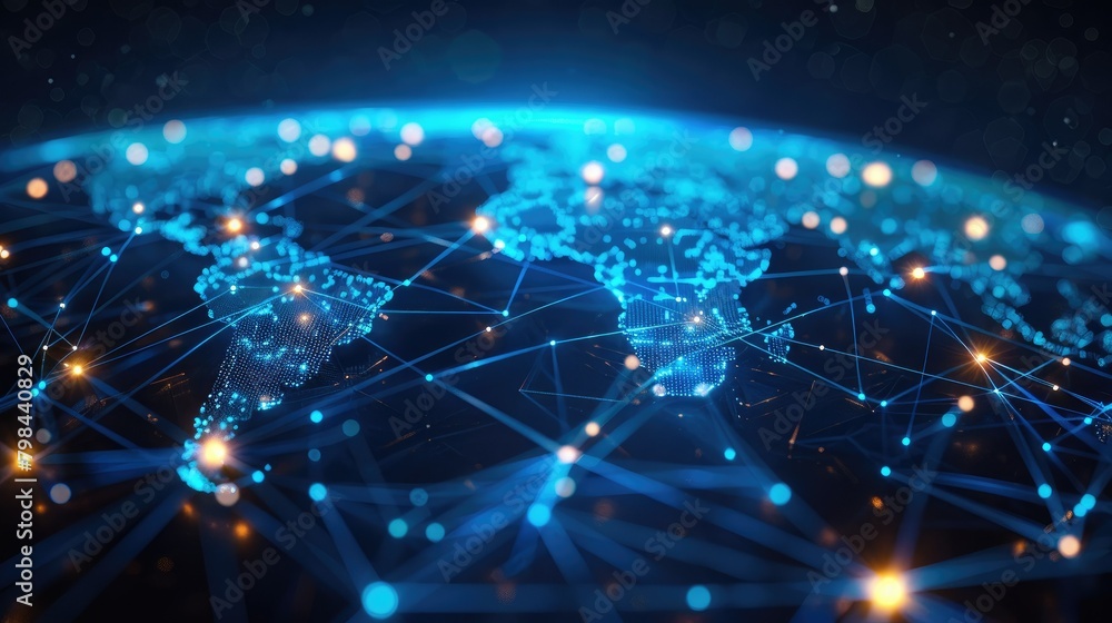 A blue and yellow globe with a network of lines connecting it A blue and yellow globe with a network of lines connecting it