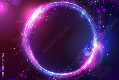 Neon round frame with shining effects and sparkles on dark background. Empty glowing techno backdrop