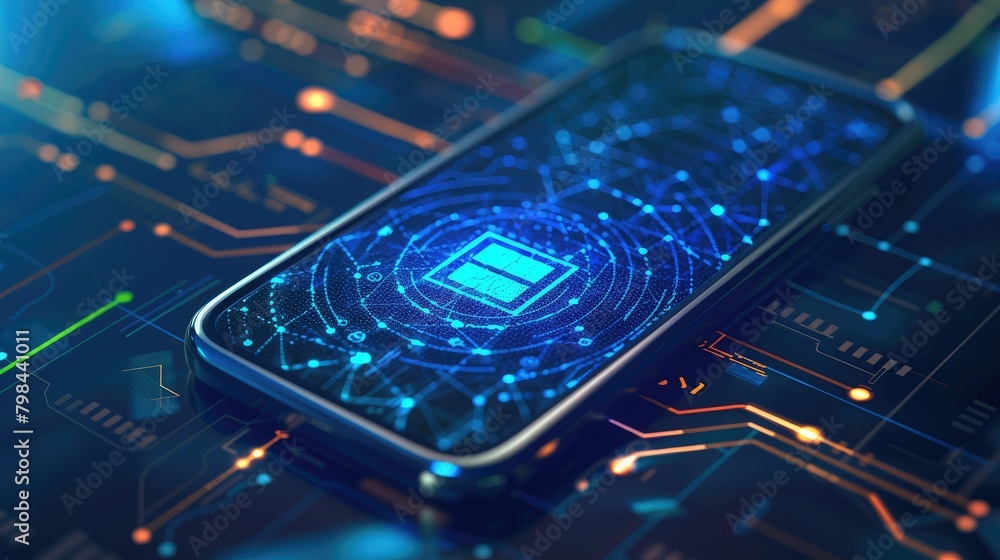 A cell phone is displayed on a circuit board with a blue square on it A cell phone is displayed on a circuit board with a blue square on it