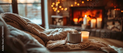 A cozy scene with a close-up of a cup of freshly brewed coffee resting on a comfortable couch, near a warm fireplace photo