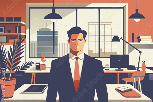 Ilustracion vectorial de un hombre de negocios en su oficina