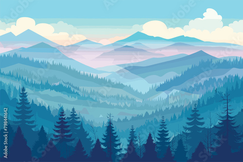 Beautiful blue mountain landscape with fog and forest, Beautiful dark blue mountain landscape with fog and forest, Beautiful dark blue mountain landscape with fog and forest