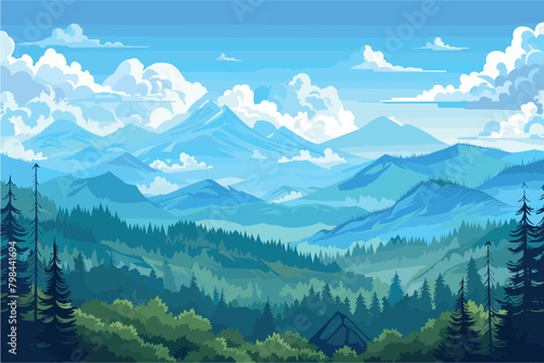 Beautiful blue mountain landscape with fog and forest, Beautiful dark blue mountain landscape with fog and forest, Beautiful dark blue mountain landscape with fog and forest