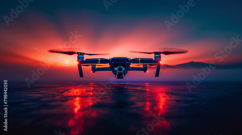 Sunset Flight: Advanced Drone Over Sea at Dusk photo