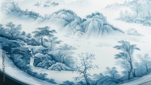 A porcelain platter decorated with a mesmerizing landscape scene engraved with minuscule details..