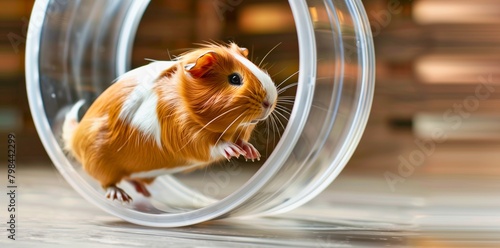 Active scene of a guinea pig energetically running in a wheel