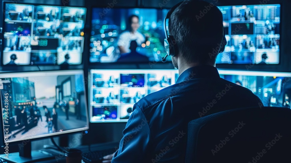 Security personnel monitoring CCTV feeds on multiple screens, intense focus, dark and modern control room Security personnel monitoring CCTV feeds on multiple screens, intense focus, dark and modern control room