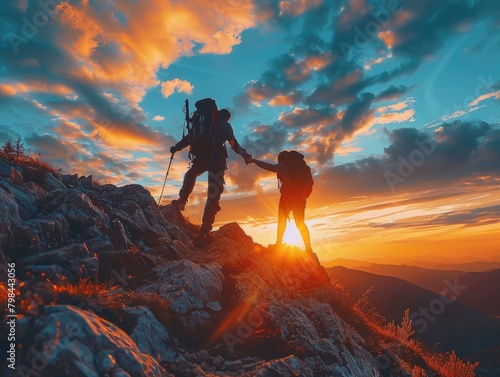 At sunrise, climbers climb the mountain peak, silhouetted