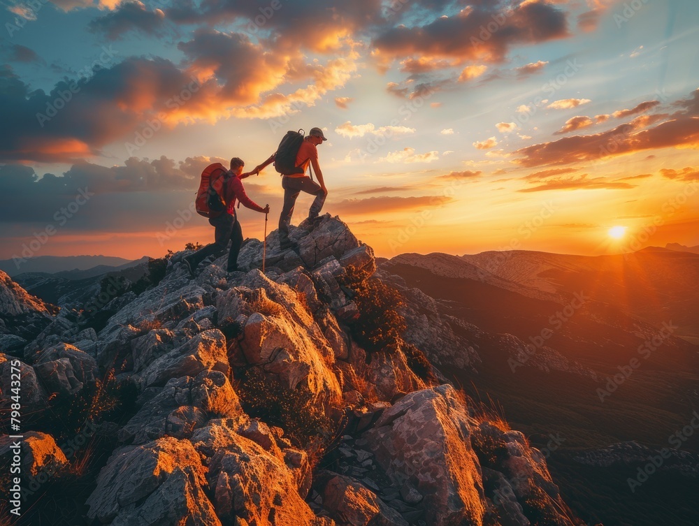 Fototapeta premium At sunrise, climbers climb the mountain peak, silhouetted