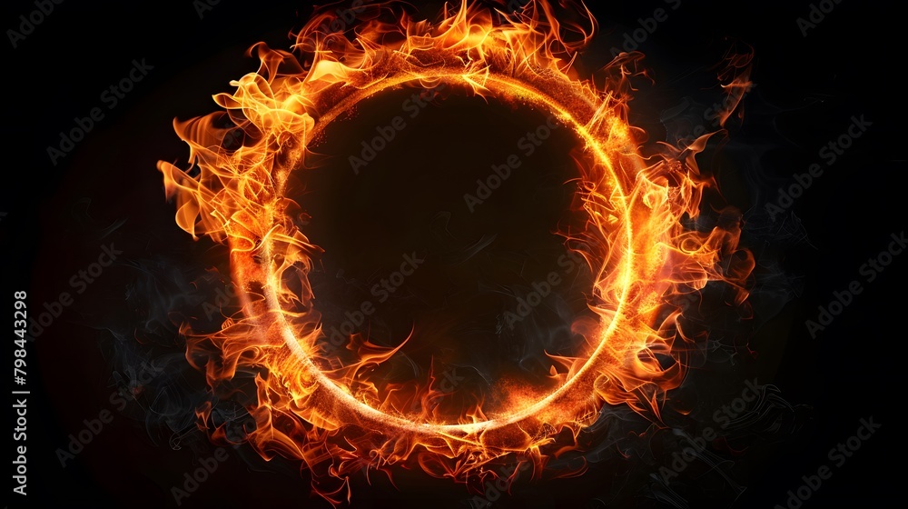 A Circular Ring Of Fire On A Black Background With Smoke Swirling 