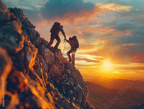 At sunrise, climbers climb the mountain peak, silhouetted