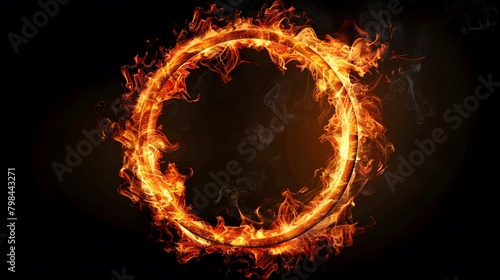 A circular ring of fire on a black background, with smoke swirling around it, creating an intense and dramatic effect. The flames create the shape of a circle. 