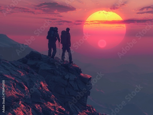 At sunrise, climbers climb the mountain peak, silhouetted