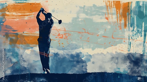 Colorful watercolor-style illustration. Back view of a golfer teeing off.