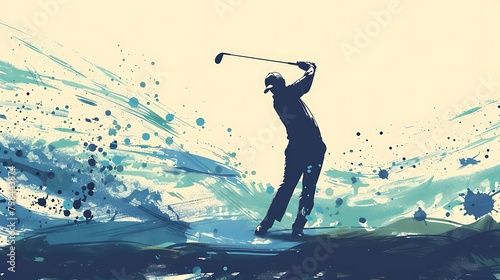 watercolor style illustration. Silhouette scene of a golfer teeing off.