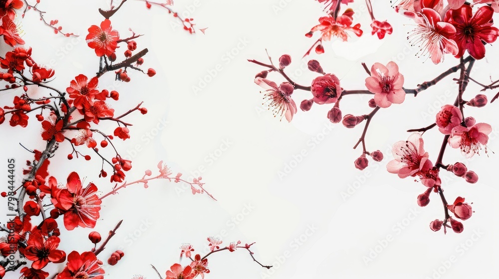 Vivid blossoms frame a pristine white backdrop Vivid blossoms frame a pristine white backdrop