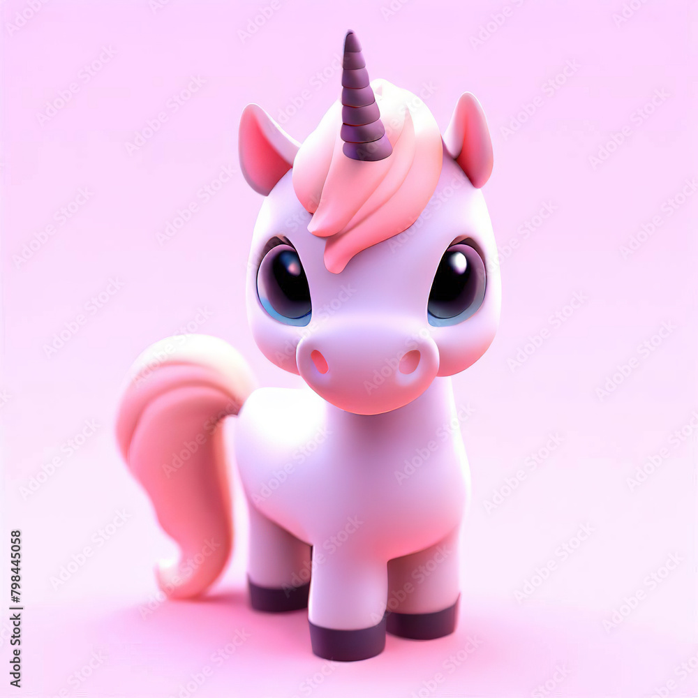 Cute little pink magical unicorn. 3d design on white background. Print for t-shirt. Romantic hand drawing illustration for children..with Generative AI technology