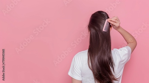 Young female long hair combing her hair isolated pink background