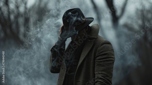 A man wearing a hat and coat is smoking a cigarette in the woods.