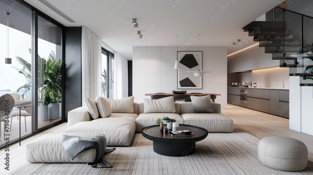 Fototapeta premium Classic interior with white color, marble tile floor including sofa, ceiling lamp, center table