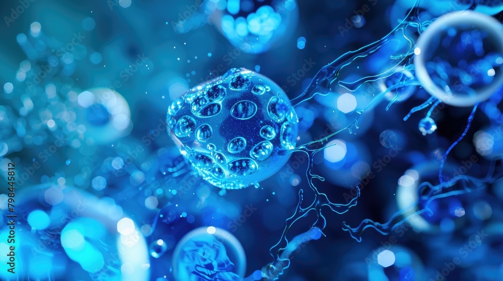 A blue and white image of a cell with many small bubbles surrounding it A blue and white image of a cell with many small bubbles surrounding it