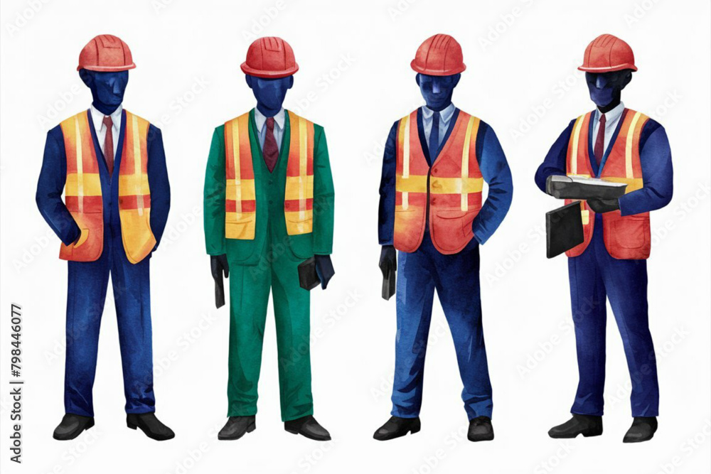Obraz premium group of workers on white background, a group of workers in uniform and helmet 