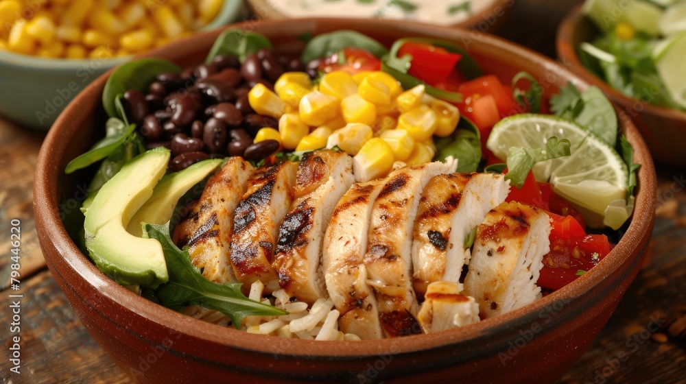 Delicious lunch awaits with a homemade Mexican chicken burrito bowl brimming with rice beans corn tomato avocado and spinach Dive into a satisfying taco salad lunch bowl Delicious lunch awaits with a homemade Mexican chicken burrito bowl brimming with rice beans corn tomato avocado and spinach Dive into a satisfying taco salad lunch bowl