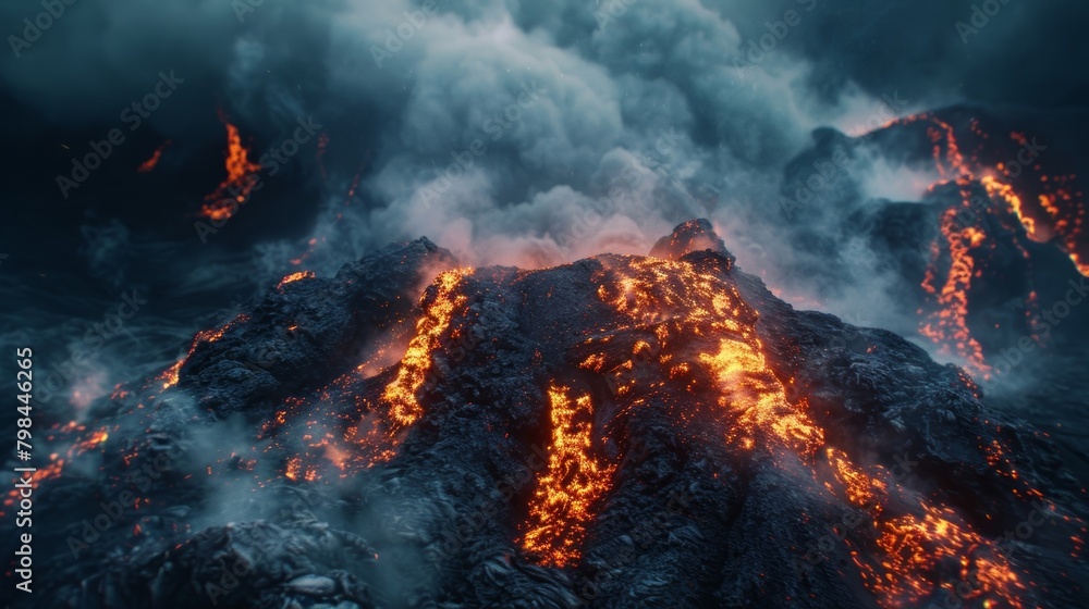 A towering mountain spewing molten lava into the air, with red-hot rivers cascading down its slopes. The intense heat and destructive force of the eruption are visible in the fiery streams and