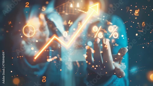 Hands hold glowing arrows and percentage signs, representing financial growth, profitable investments, and positive returns. Vibrant image symbolizes success in business or stock market.
