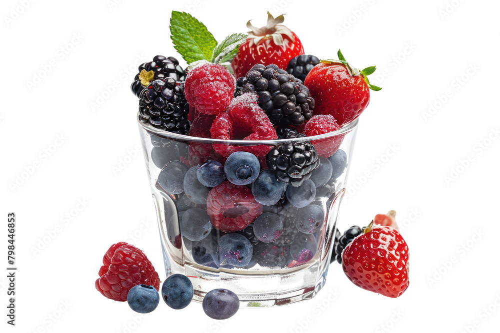 Mixed berry garnish in a clear glass isolated on white background. Mixed berry garnish in a clear glass isolated on white background.